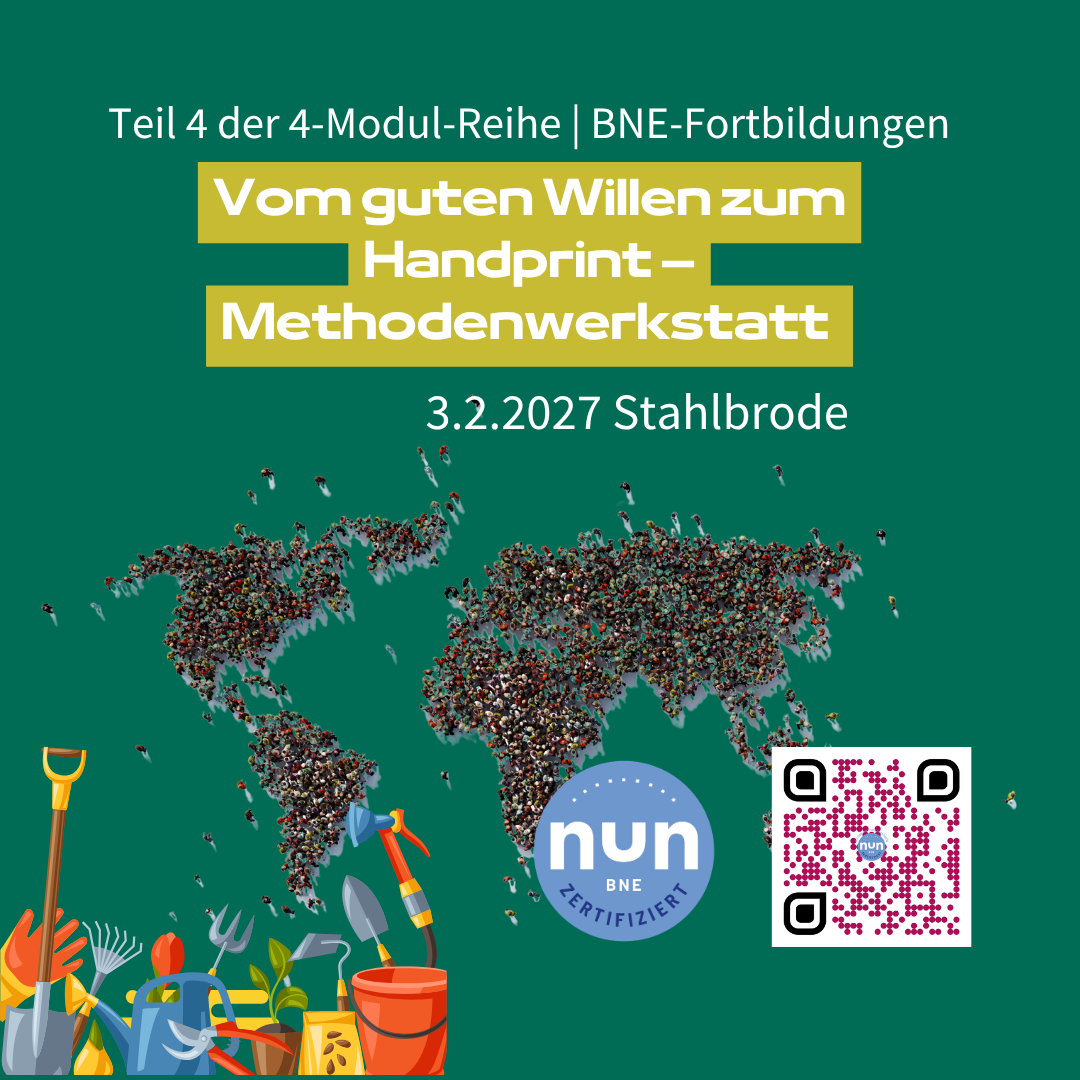 Eine Weltkarte, bestehend aus den Erdteilen, die durch Menschen dargestellt sind, dazu Informationen zu Titel, Ort und Zeit, dazu, Gartenwerkzeuge, Putzeimer, Tools