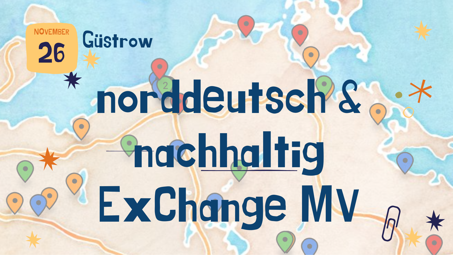 Eine bunte Landkarte von Mecklenburg-Vorpommern mit den Kartenpunkten der Zertifizierten, Titel der Veranstaltung
